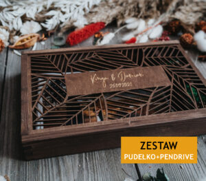 Drewniane pudełko ażurowe na zdjęcia 15x23cm i pendrive + pendrive 3.0