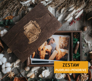 Drewniane pudełko skrzynka na zdjęcia 15x23cm i pendrive + Pendrive 3.0